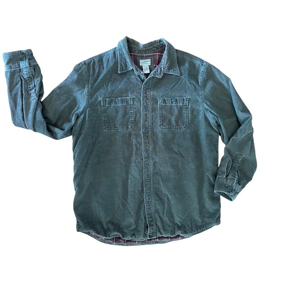 LL Bean Mens Corduroy Flannel Lined Shirt Jacket Size L Green Barn Chore Outdoor - Picture 1 of 9
